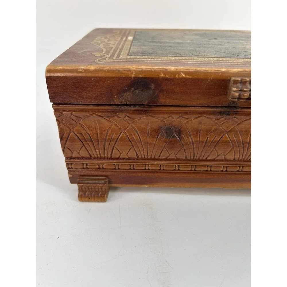 Vintage Mini Cedar Chest Footed Trinket / Jewelry Box w/ Scene on Top